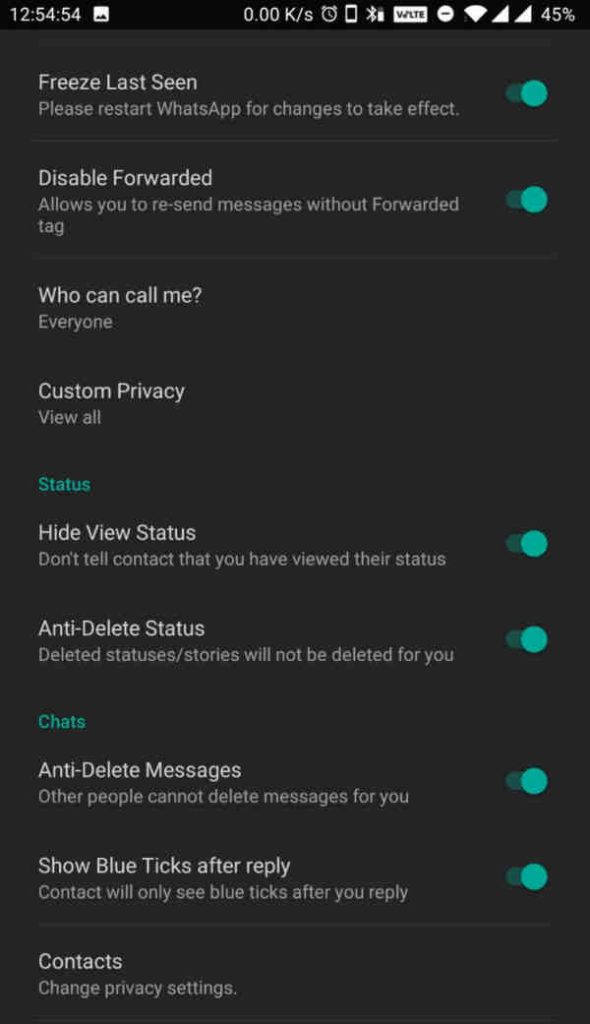 yowhatsapp settings privacy